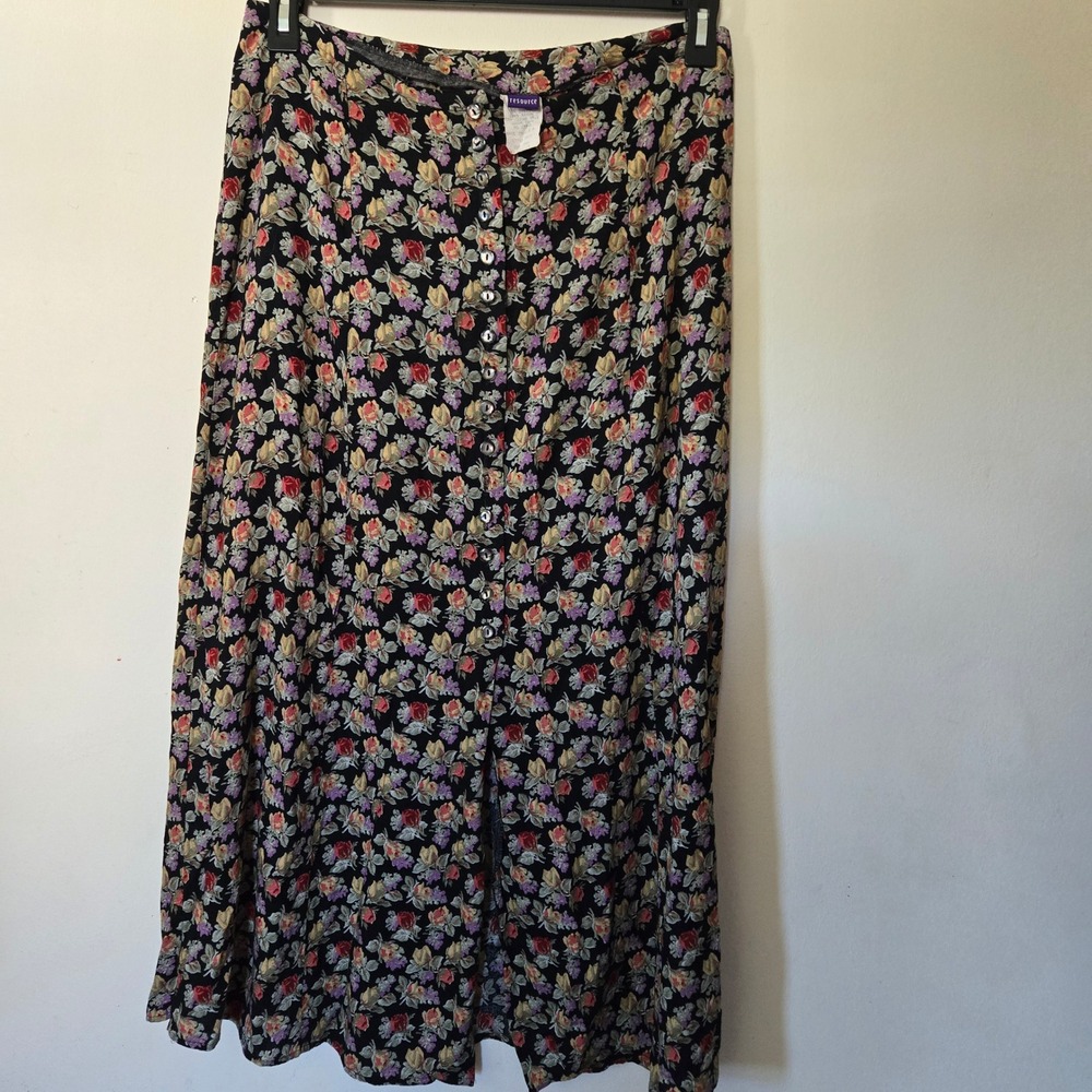 Resource Vintage 90s Floral Button Front Rayon Midi A-Line Skirt Black Red Sz 14